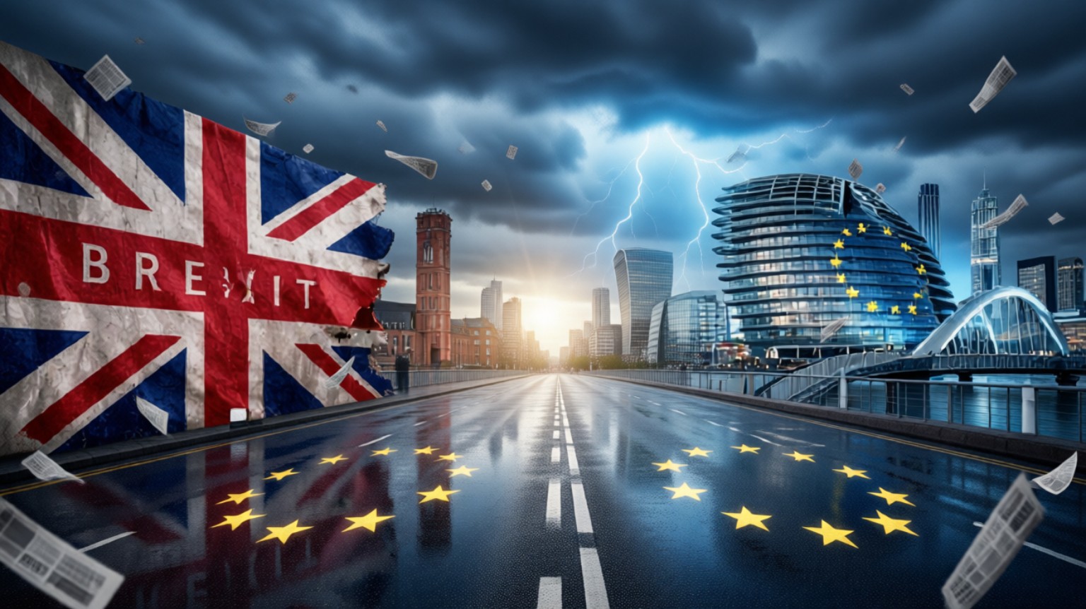 Illustration showing the United Kingdom and European Union in a stormy London setting
